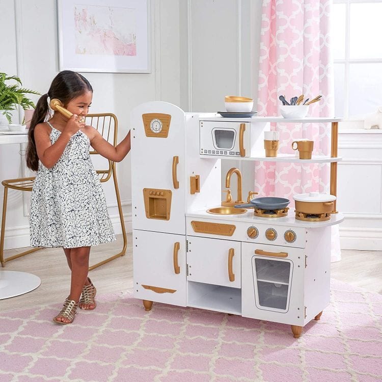 Meowbaby Large White and Gold Wooden Play Kitchen for Children