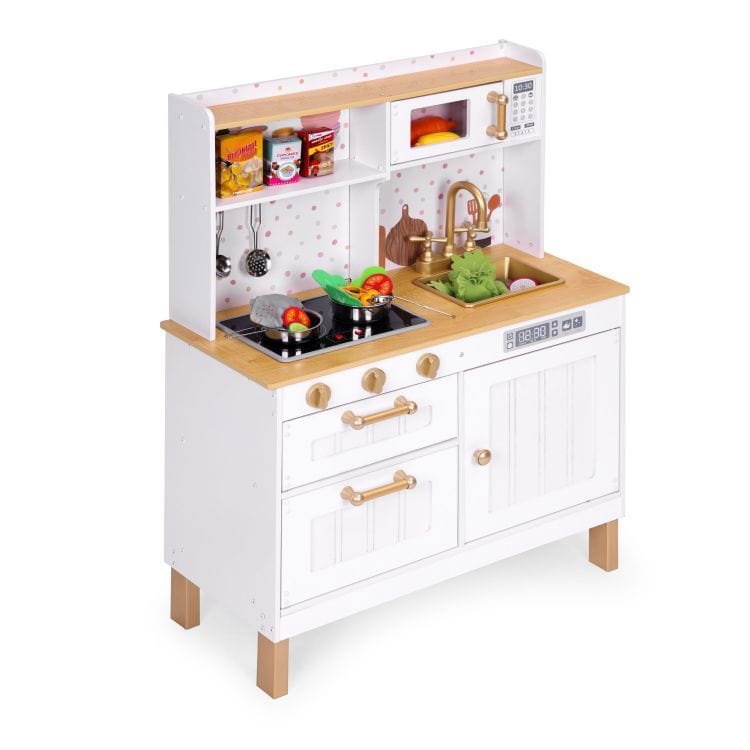 Meowbaby Large Wooden Play Kitchen for Children with Sounds and LED, Opening Cabinets, 7 Accessories
