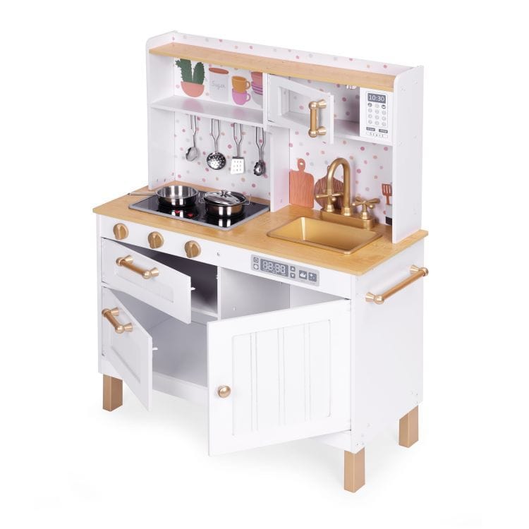 Meowbaby Large Wooden Play Kitchen for Children with Sounds and LED, Opening Cabinets, 7 Accessories