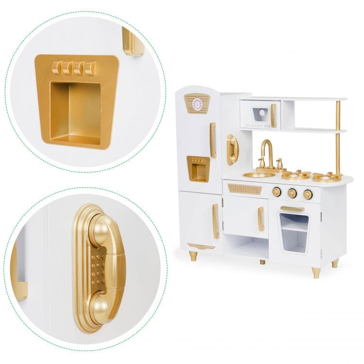 Meowbaby Large White and Gold Wooden Play Kitchen for Children